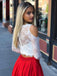 Two Piece Long Sleeves Cold Shoulder Red Long Prom Dress with White Lace Pockets PDI73