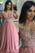 Off the Shoulder Dusty Rose Long Prom Dresses Pearl Lace Formal Dress PDO98