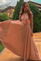 A-Line Long Floor-Length Blush Pleated Chiffon Prom Dress with Beading PDK70