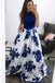 Fashion A-Line Jewel Blue Floral Long Prom Dress with Pockets PDJ30