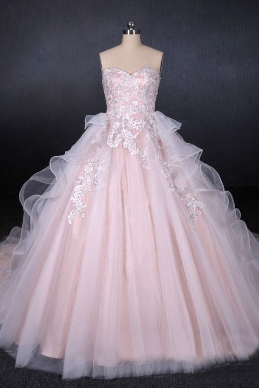 Romantic Pearl Pink Ball Gown Wedding Dress, Sweetheart Appliques Bridal Gown PDQ24