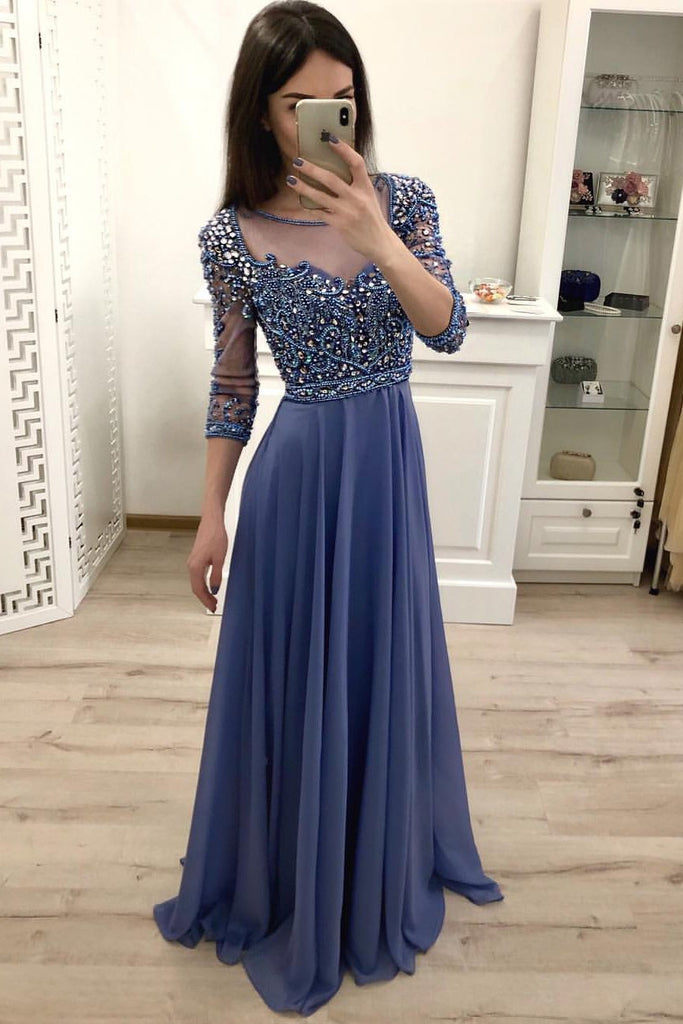 Chiffon A Line 3/4 Sleeves Beaded Blue Long Prom Dresses, Formal Party Dress PDI18