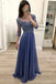 Chiffon A Line 3/4 Sleeves Beaded Blue Long Prom Dresses, Formal Party Dress PDI18