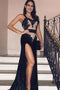 Gorgeous Spaghetti Straps Mermaid Sexy Black Side-Slit Prom Dresses PDN8