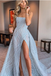 A-line Strapless Sky Blue Long Prom Dresses Unique Long Evening Dress PDS24