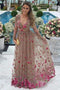 A-Line V-Neck Long Sleeves Tulle Prom Dresses with Floral Appliques PDN10