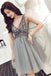 A Line V Neck Sparkle Short Grey Backless Homecoming Dresses Party Dress PDN97