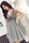 A Line V Neck Sparkle Short Grey Backless Homecoming Dresses Party Dress PDN97