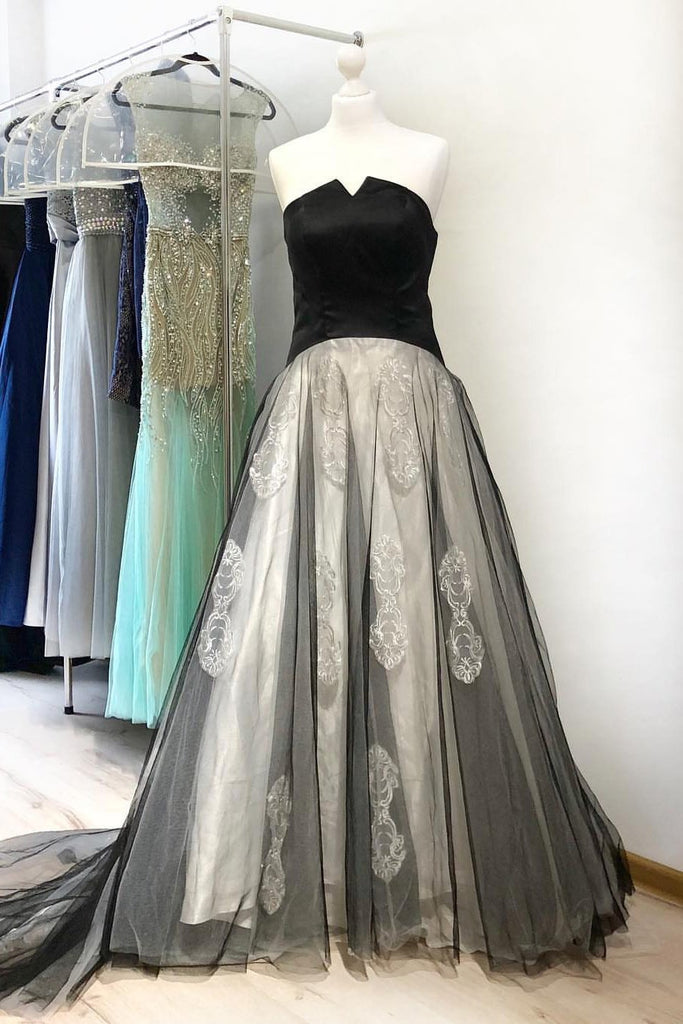 A Line Black Strapless Appliques Long Cheap Prom Dresses PDI48