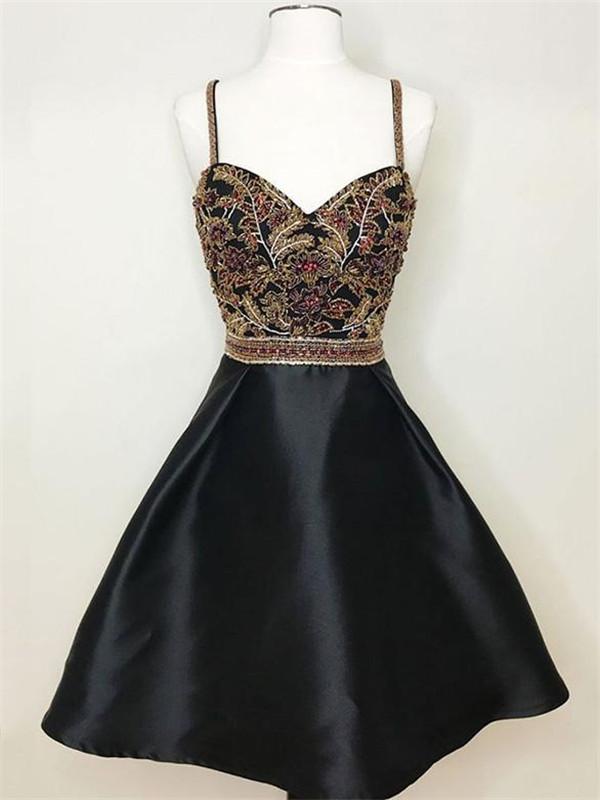 New Arrival Black Spaghetti Straps A Line Beading Homecoming Dresses PDO58