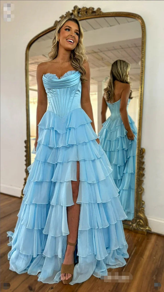 A Line Sweetheart Blue Strapless Pleated Layers Chiffon Prom Dresses With High Slit OM0439