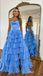 A Line Sweetheart Blue Strapless Pleated Layers Chiffon Prom Dresses With High Slit OM0439