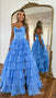 A Line Sweetheart Blue Strapless Pleated Layers Chiffon Prom Dresses With High Slit OM0439