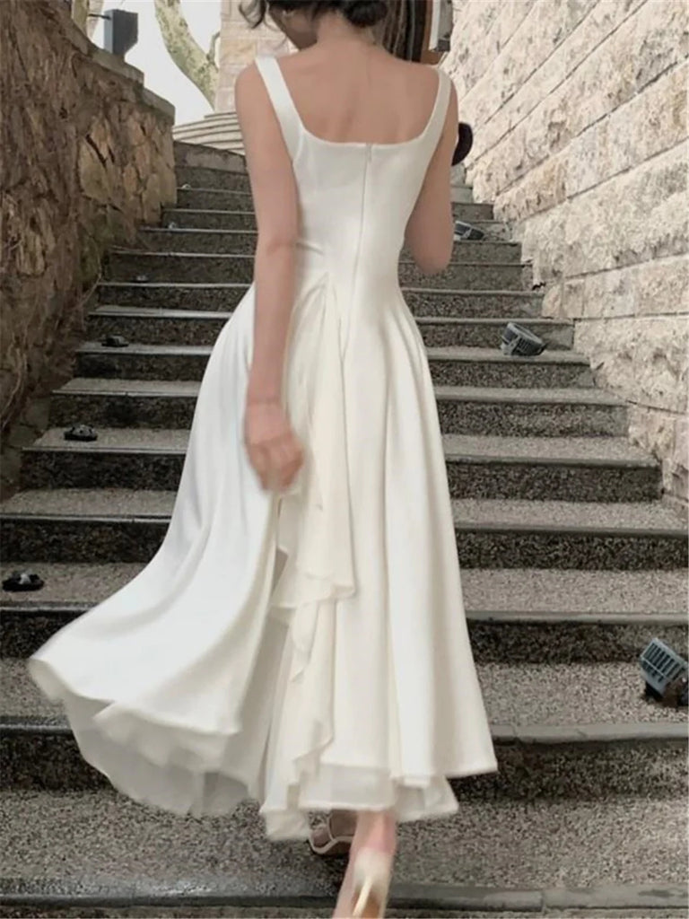 A Line Ivory Square Neck Prom Dresses, Ankle Length Elegant Evening Gowns OM0400