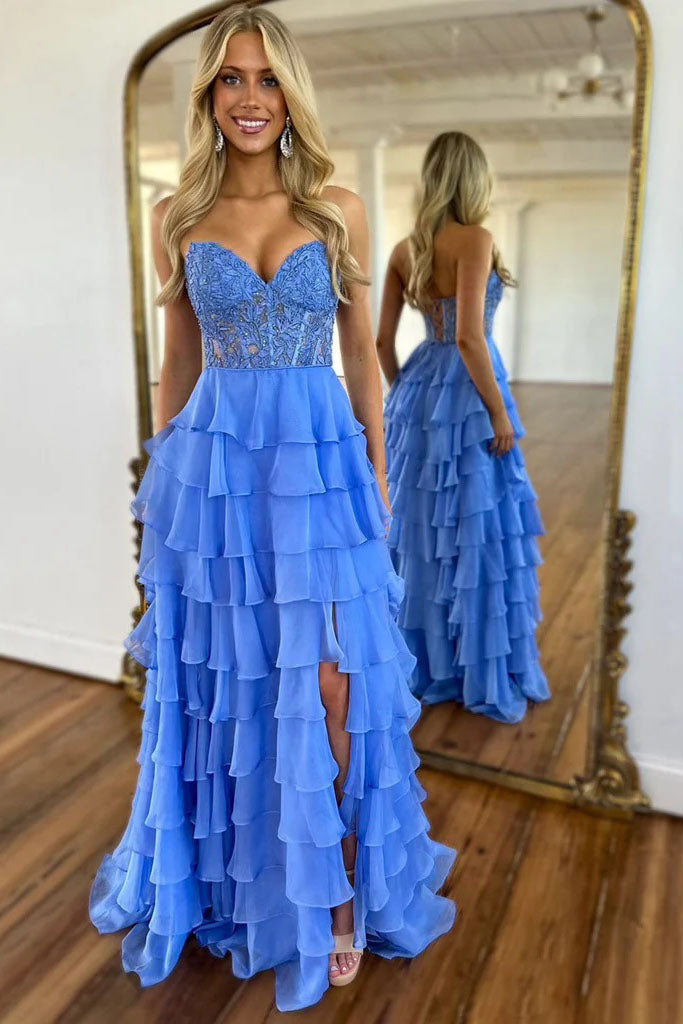 Simple A Line Blue Strapless V Neck Chiffon Sleeveless Long Prom Dresses OM0444