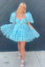 A Line Blue Puff Sleeves Floral V neck Ruffles Short Homecoming Dress With Bowknot OMH0274