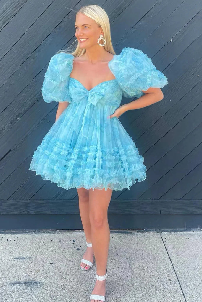 A Line Blue Puff Sleeves Floral V neck Ruffles Short Homecoming Dress With Bowknot OMH0274