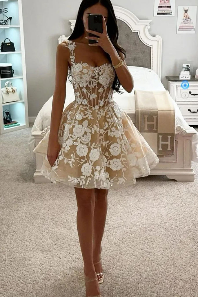 A Line Sweetheart Tulle Straps Corset Homecoming Dresses With Lace Appliques OMH0308