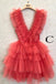 New Styles Hot Pink V Neck Tiered Homecoming Dresses, Tulle Short Prom Party Dress OMH0259