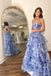 Halter A Line Blue Floral Printed Tulle Sleeveless Layers Long Prom Evening Dress OM0445