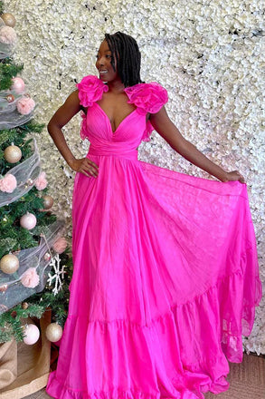 Fuchsia A line V Neck Ruffles Chiffon Prom Dresses, Long Dance Dresses OM0413