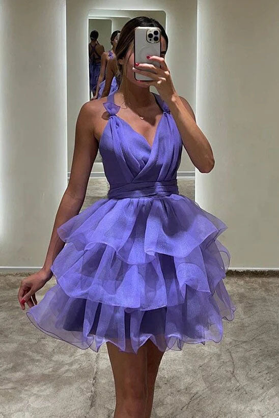 Hot Pink Organza V neck Short Prom Dress, Tiered A line Homecoming Dresses OMH0306