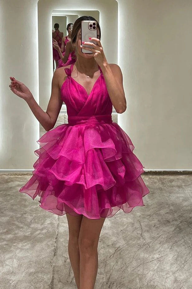 Hot Pink Organza V neck Short Prom Dress, Tiered A line Homecoming Dresses OMH0306