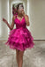 Hot Pink Organza V neck Short Prom Dress, Tiered A line Homecoming Dresses OMH0306