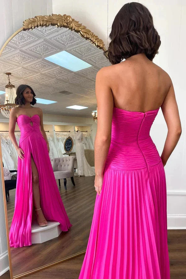 Simple Hot Pink Sweetheart Keyhole Pleated Chiffon Prom Dress, A Line Formal Dress With Split OM0410