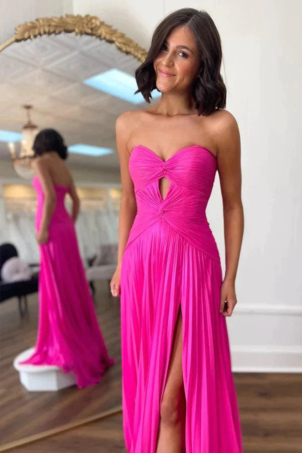 Simple Hot Pink Sweetheart Keyhole Pleated Chiffon Prom Dress, A Line Formal Dress With Split OM0410