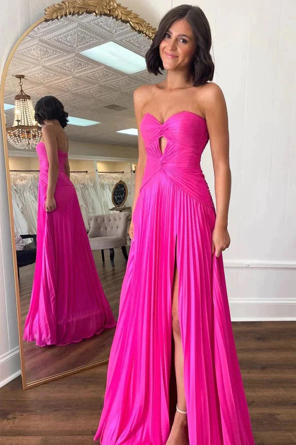 Simple Hot Pink Sweetheart Keyhole Pleated Chiffon Prom Dress, A Line Formal Dress With Split OM0410