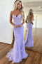 Long Mermaid Strapless Purple Appliques Lace Corset V neck Prom Dress With Lace Up OM0421