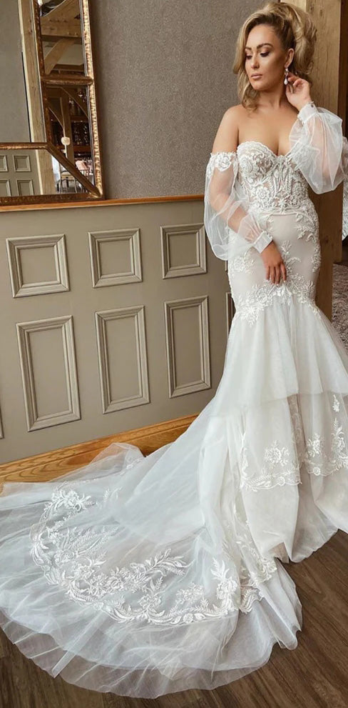 Fashion Mermaid Ivory Tulle Long Sleeves Sweetheart Layers Wedding Dress With Appliques Lace OW0151
