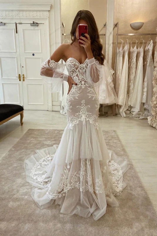 Fashion Mermaid Ivory Tulle Long Sleeves Sweetheart Layers Wedding Dress With Appliques Lace OW0151