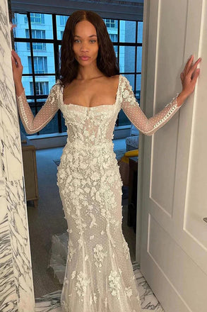 Mermaid Long Sleeves Square Neck Tulle Appliques Wedding Dress, Bridal Gown OW0150