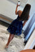 Glitter Navy Blue Off the Shoulder Corset Tiered Lace A line Short Homecoming Dress OMH0262