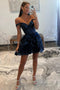 Glitter Navy Blue Off the Shoulder Corset Tiered Lace A line Short Homecoming Dress OMH0262