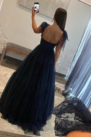 A Line Navy Blue Bow Tie Shoulder Dot Tulle Long Prom Dress, Formal Dress OM0386