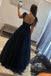 A Line Navy Blue Bow Tie Shoulder Dot Tulle Long Prom Dress, Formal Dress OM0386