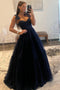 A Line Navy Blue Bow Tie Shoulder Dot Tulle Long Prom Dress, Formal Dress OM0386