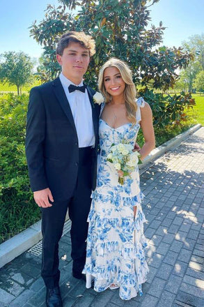 Printing A Line Sweetheart Layers Straps White and Blue Floor Length Prom Dress OM0416