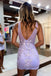 Sheath Lilac V Neck Backless Short Homecoming Dress With Lace Appliques OMH0278