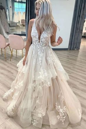 Charming Ivory V Neck Layers Lace Applique Tulle Long Bridal Wedding Dress OW0143