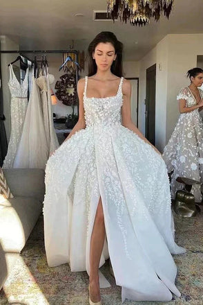 Gorgeous A line Ivory Straps Scoop Appliques Lace Long Wedding Dress With Slit OW0149