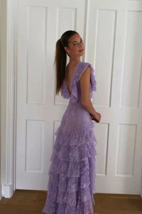 A Line Lace Lilac V neck Strapless Prom Dresses, Layers Long Formal Dresses OM0412