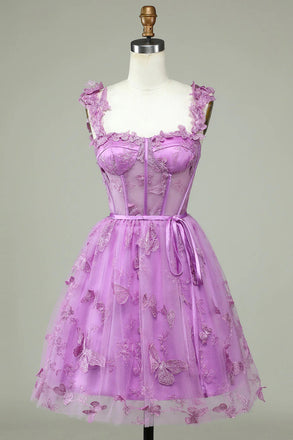 Unique A line Lilac Tulle Lace Appliques Sweet 16 Dress, Homecoming Dress With Belt OMH0286