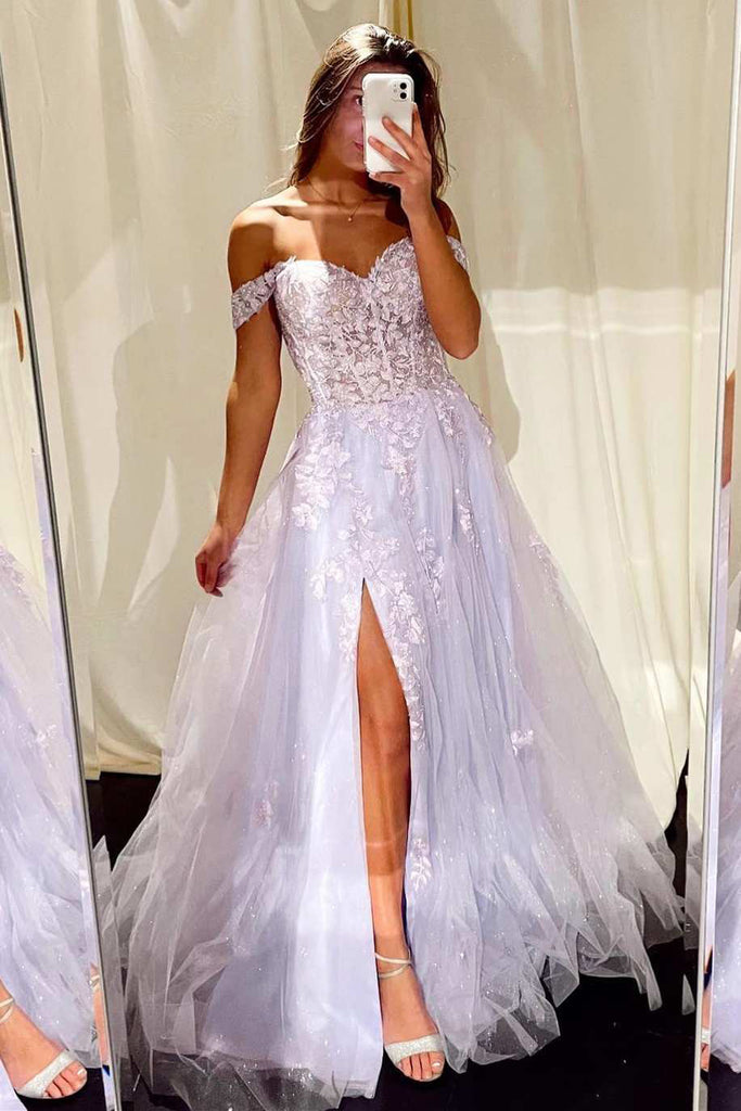 Elegant A line Lilac Tulle Lace Appliques Off the Shoulder Long Prom Dresses OM0401