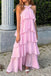 Elegant A line Pink Chiffon Tiered Sleeveless Straps Backless Prom Girl Dresses OM0418
