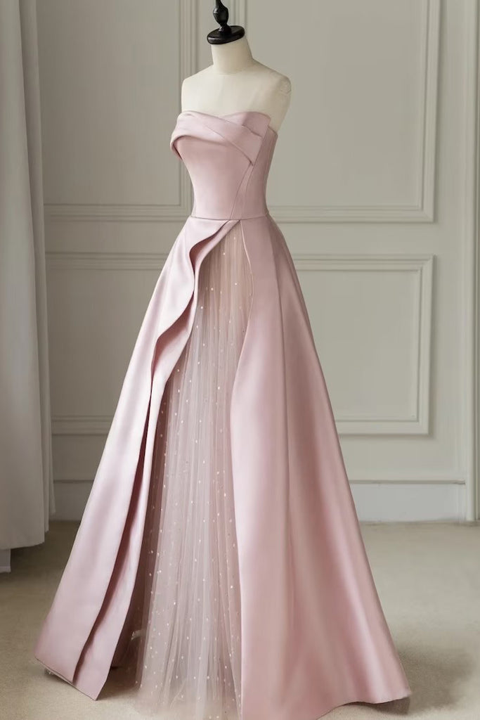 Simple A line Pink Strapless Satin Sleeveless Floor Length Long Prom Dresses OM0399