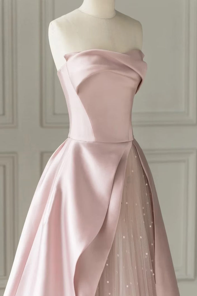 Simple A line Pink Strapless Satin Sleeveless Floor Length Long Prom Dresses OM0399